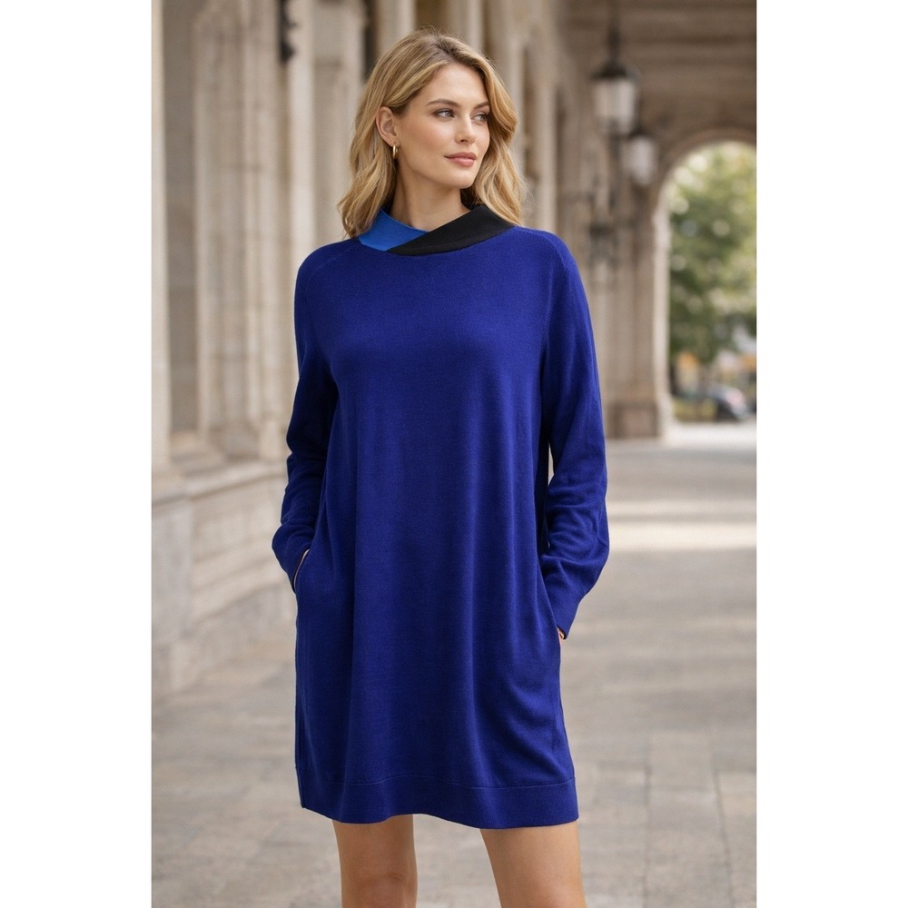 COS Royal Blue 100% Wool Dress MED Mock Neck Sweater Lightweight Office Career
